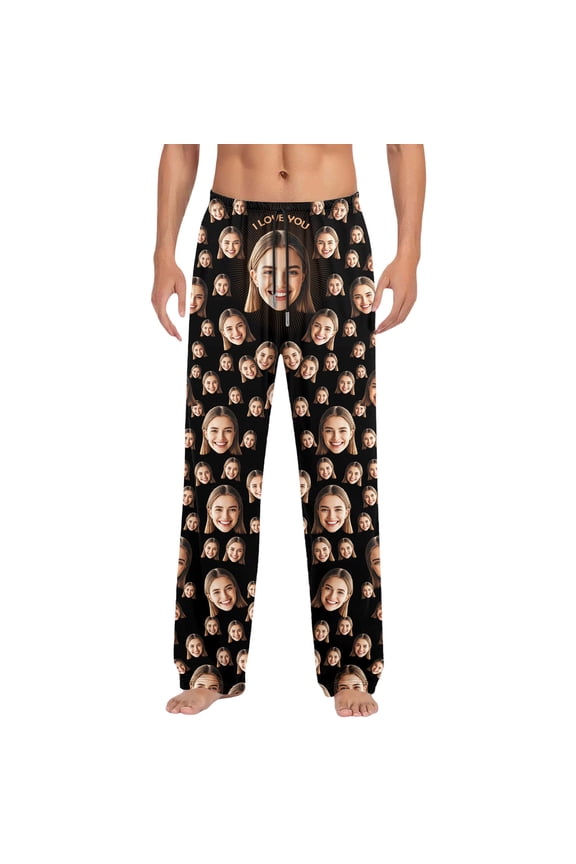 Men's Custom Photo "I LOVE YOU" Pajama Pants Elastic Waist Lounge Trousers Personalized Cozy Sleep Loungewear Pant