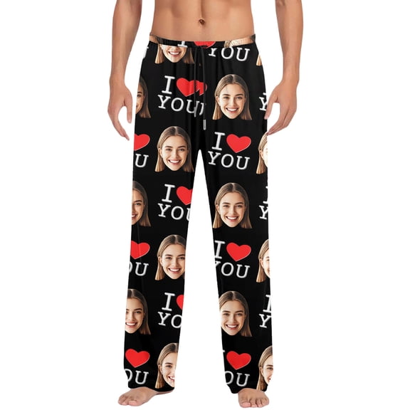XIAONU Men's Custom Photo "I ❤️ YOU" Pajama Pants Elastic Waist Lounge Trousers Personalized Cozy Sleep Loungewear Pant