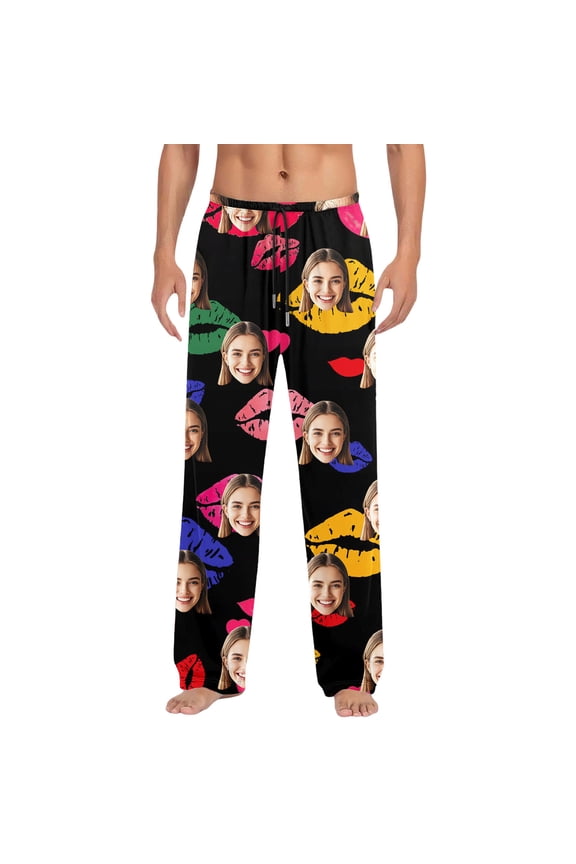 Men's Custom Photo Multicolor Lips Pajama Pants Elastic Waist Lounge Trousers Personalized Cozy Sleep Loungewear Pant
