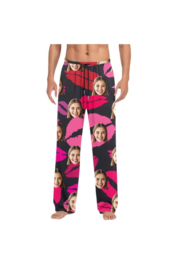 Men's Custom Photo Pink Lip Print Pajama Pants Elastic Waist Lounge Trousers Personalized Cozy Sleep Loungewear Pant