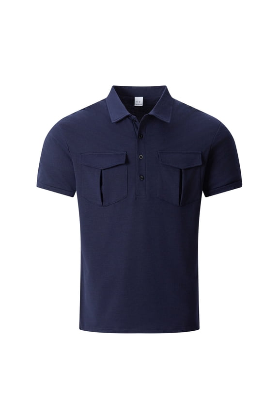 Men's Dual Pocket Polo Shirt Short Sleeve Collared Pullover Solid Color Breathable Casual Work Tops