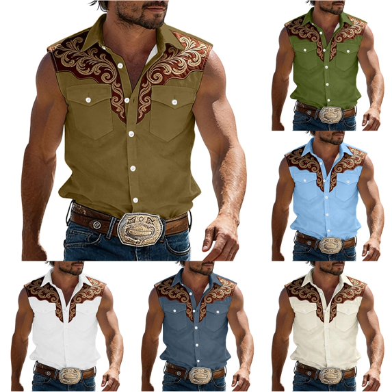 XIAONU Men's Embroidered Western Shirts Point Collar Sleeveless Button‑Up Vests Relaxed Fit Cowboy Vests