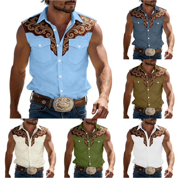 XIAONU Men's Embroidered Western Shirts Point Collar Sleeveless Button‑Up Vests Relaxed Fit Cowboy Vests