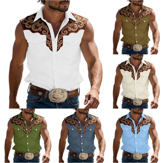 XIAONU Men's Embroidered Western Shirts Point Collar Sleeveless Button‑Up Vests Relaxed Fit Cowboy Vests