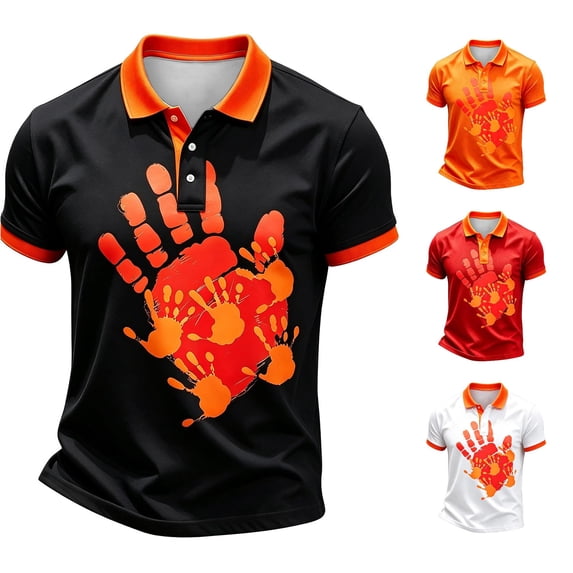 XIAONU Men's Family Handprint Polo Contrast Collar Short Sleeve Shirt Fitness Training Top