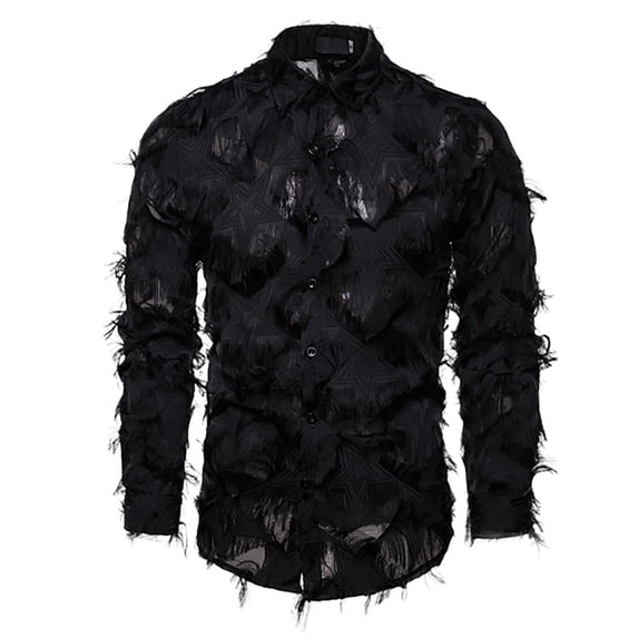 XIAONU Men's Feather Textured Shirt Slim Long Sleeve Button Down Sheer Edgy Club Shirts Tops