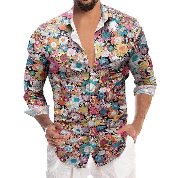 XIAONU Men's Floral Print Shirt Roll Tab Sleeve Spread Collar Button Up Shirt Lightweight Casual Vacation Shirts