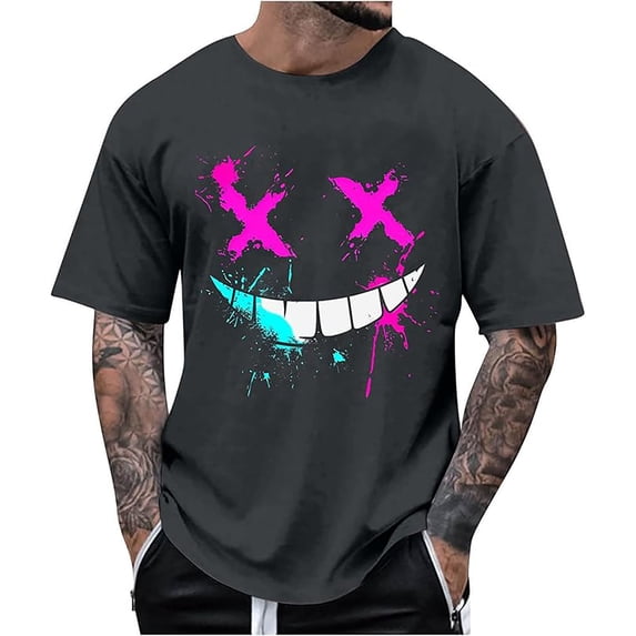 XIAONU Men's Graffiti X Eyes Smile Print T-Shirt Short Sleeve Crew Neck Splatter Graphic Pullover Top Streetwear Casual Daily Shirts