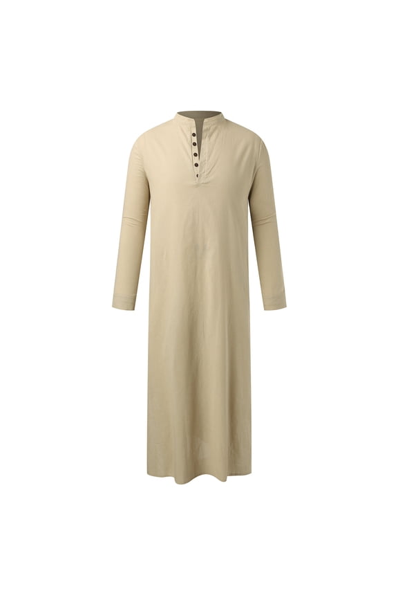 Men's Henley Neck Thobe Long Sleeve Kaftan Solid Color Lightweight Modest Casual Daily Wear Tops