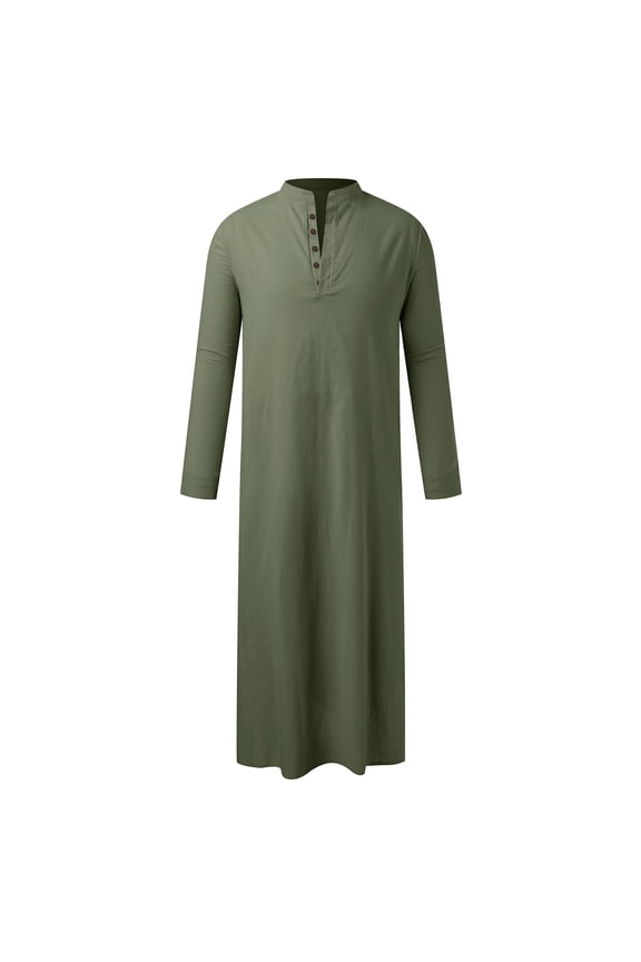 Men's Henley Neck Thobe Long Sleeve Kaftan Solid Color Lightweight Modest Casual Daily Wear Tops