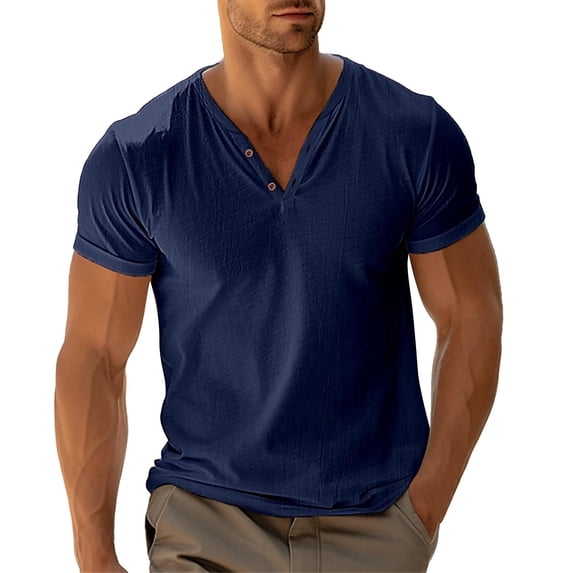 XIAONU Men's Henley V Neck Slim Tee Fitted Short Sleeve Henley Neck Pullover Shirt Soft Casual Daily Tees