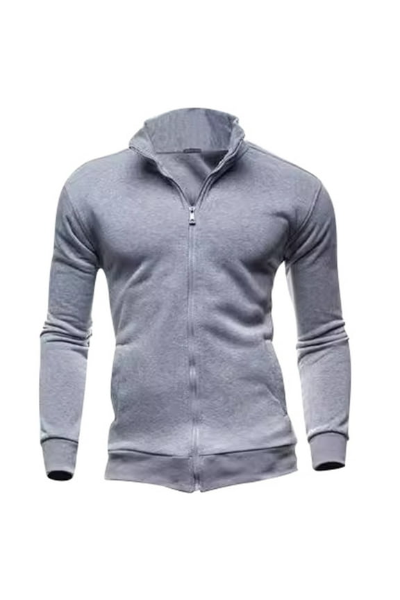 Men's Hoodless Zip Up Sweatshirt Neck Stand Collar Cardigan Jacket Outdoor Leisure Loose Fit Solid Color Machine Washable