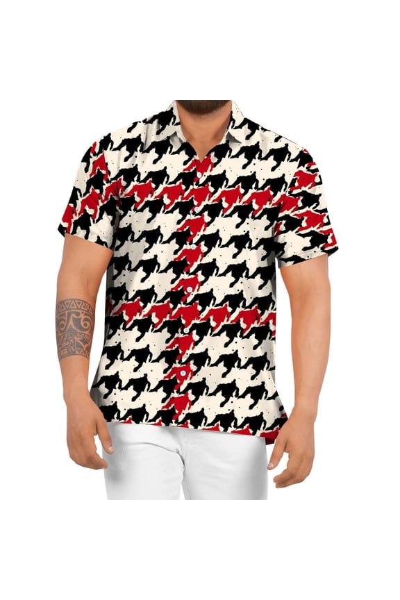 Men's Houndstooth Print Casual Shirts Regular Fit Button Down Summer Top Breathable Vacation Style Beach Tee