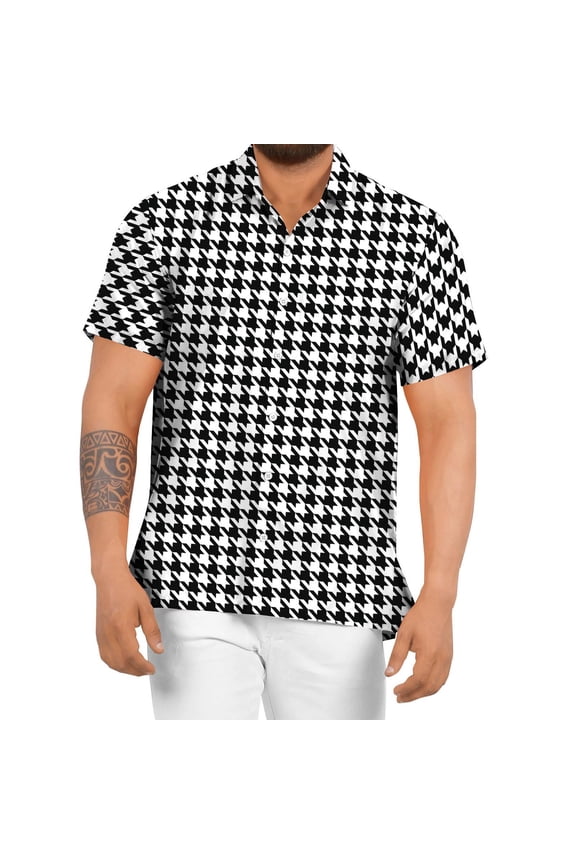 Men's Houndstooth Print Casual Shirts Regular Fit Button Down Summer Top Breathable Vacation Style Beach Tee