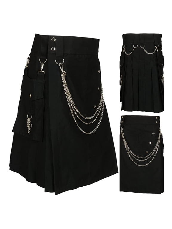 Men's Layered-Chain Embellished Kilts High-Waist Edgy Urban Street Pleated Skirts