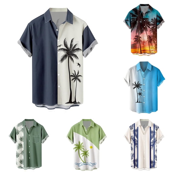 XIAONU Men's Leaf Print Shirts Relaxed Fit Beach Short Sleeve Button‑Down Tops
