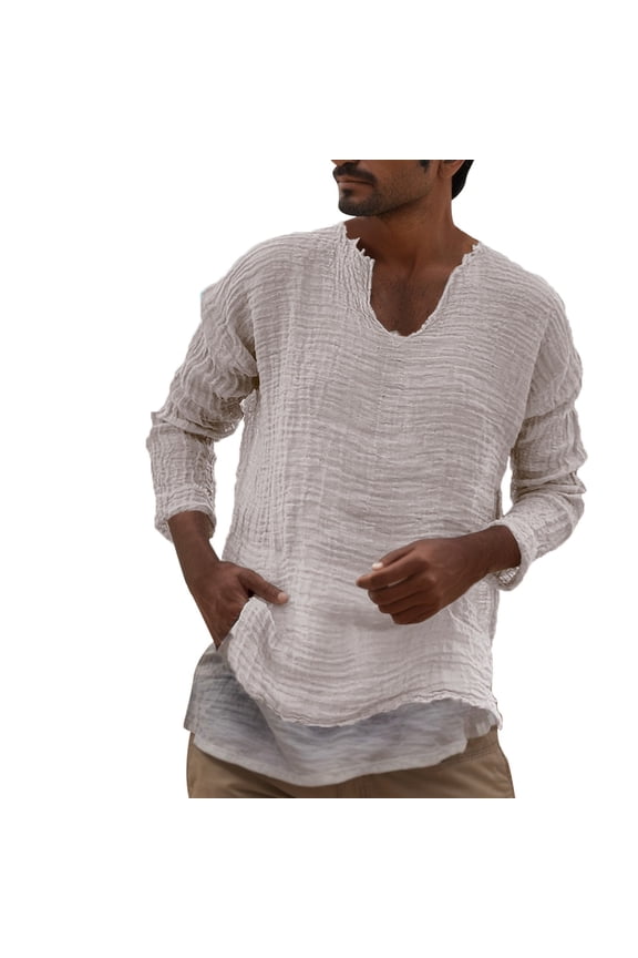 Men's Lightweight Casual Linen Shirts Split Neck Layered Look Tunic Breathable Beachy Vacation Top