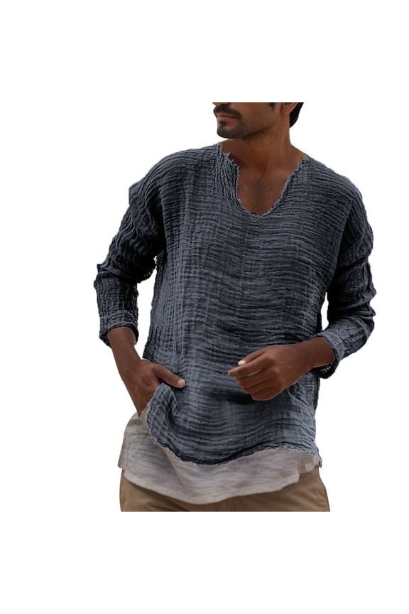 Men's Lightweight Casual Linen Shirts Split Neck Layered Look Tunic Breathable Beachy Vacation Top