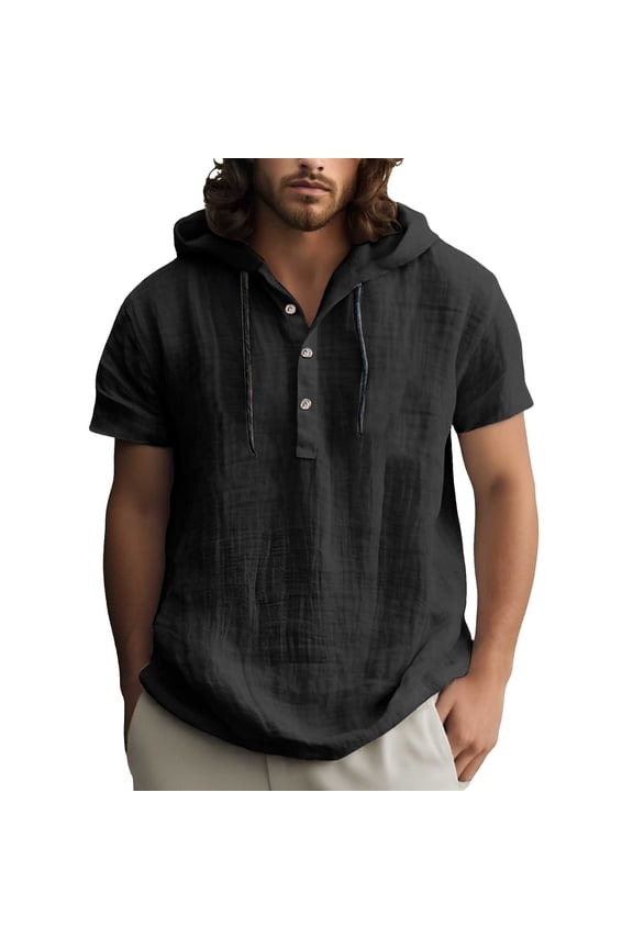 Men's Linen Blend Hooded Henley Relaxed Short Sleeve Henley Neck Pullover Shirt Breathable Casual Beach Tops