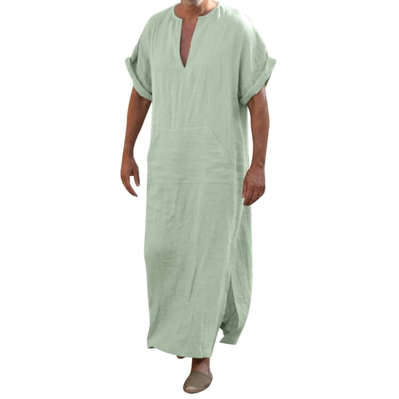 XIAONU Men's Linen Blend Kaftan Tunic V Neck Short Sleeve Side Split Maxi Robe Breathable Summer Beach Home Casual Tunic