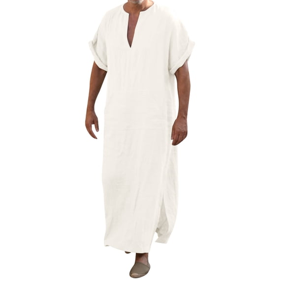 XIAONU Men's Linen Blend Kaftan Tunic V Neck Short Sleeve Side Split Maxi Robe Breathable Summer Beach Home Casual Tunic