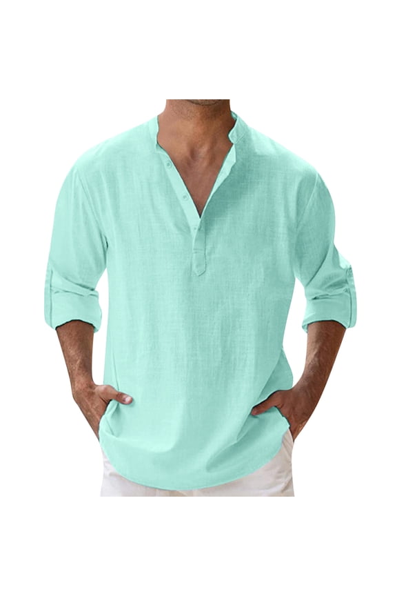 Men's Linen Henley Shirt Loose Fit Long Sleeve Roll Tab Pullover Top Breathable Casual Vacation Daily Wear