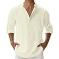 thumbnail image 1 of XIAONU Men's Linen Henley Shirt Loose Fit Long Sleeve Roll Tab Pullover Top With Chest Pocket Breathable Casual Vacation Daily Wear, 1 of 5