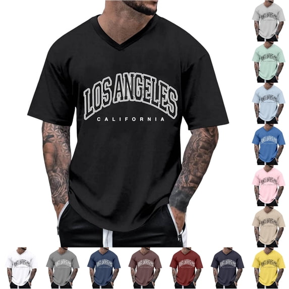 XIAONU Men's Los Angeles Letter Graphic V Neck T Shirt Short Sleeve Streetwear Casual Tees