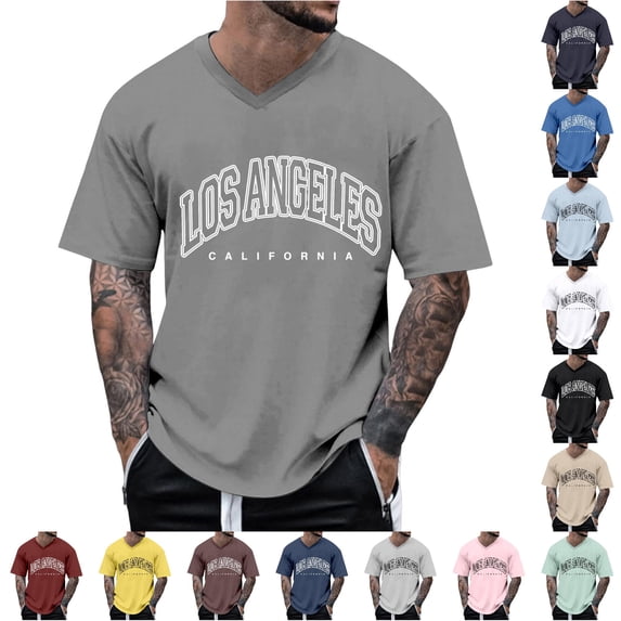 XIAONU Men's Los Angeles Letter Graphic V Neck T Shirt Short Sleeve Streetwear Casual Tees