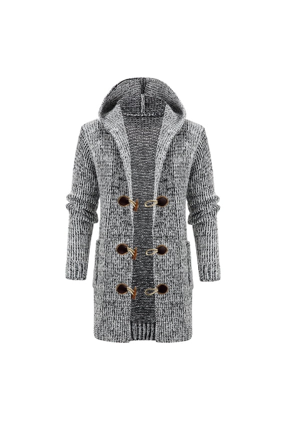Men's Marled Knit Hooded Cardigan Horn Toggle Button Mid Length Coat Warm Casual Wear Cardigans L
