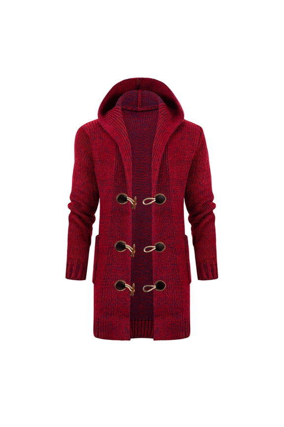 Men's Marled Knit Hooded Cardigan Horn Toggle Button Mid Length Coat Warm Casual Wear Cardigans XXL