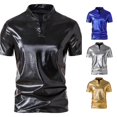 thumbnail image 1 of XIAONU Men's Metallic Leather Short Sleeve Tees Mandarin Collar Slim Fit Tee Stretch Club Casual Shirts, 1 of 5