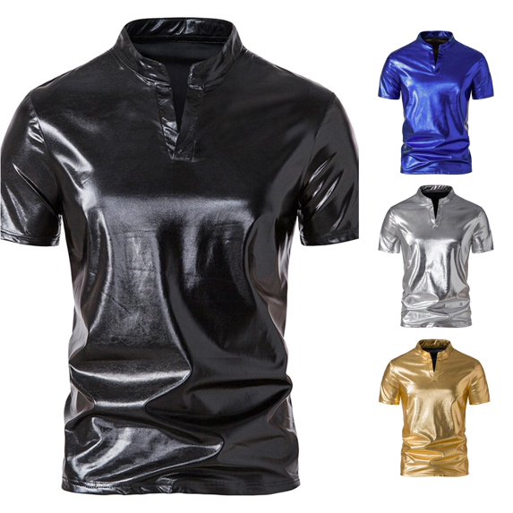 XIAONU Men's Metallic Leather Short Sleeve Tees Mandarin Collar Slim Fit Tee Stretch Club Casual Shirts