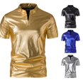 thumbnail image 1 of XIAONU Men's Metallic Leather Short Sleeve Tees Mandarin Collar Slim Fit Tee Stretch Club Casual Shirts, 1 of 5