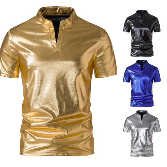 XIAONU Men's Metallic Leather Short Sleeve Tees Mandarin Collar Slim Fit Tee Stretch Club Casual Shirts