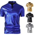 thumbnail image 1 of XIAONU Men's Metallic Leather Short Sleeve Tees Mandarin Collar Slim Fit Tee Stretch Club Casual Shirts, 1 of 5