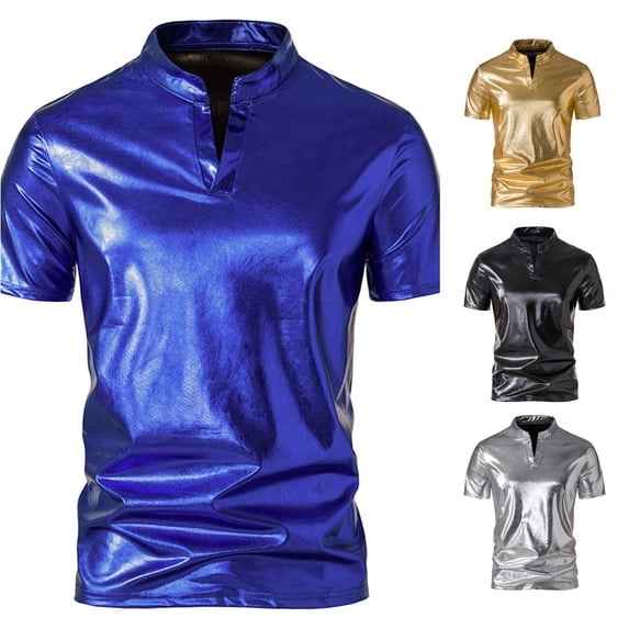 XIAONU Men's Metallic Leather Short Sleeve Tees Mandarin Collar Slim Fit Tee Stretch Club Casual Shirts