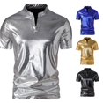thumbnail image 1 of XIAONU Men's Metallic Leather Short Sleeve Tees Mandarin Collar Slim Fit Tee Stretch Club Casual Shirts, 1 of 5