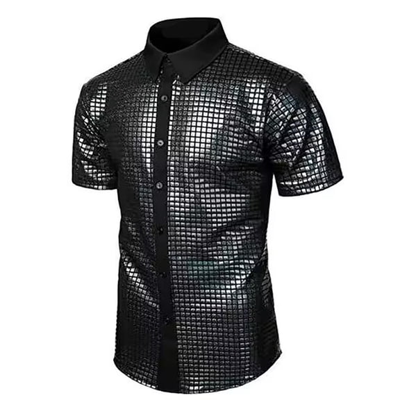 XIAONU Men's Metallic Grid Shirt Slim Short Sleeve Collared Button Down Tops Shiny Disco Party Shirts Tops