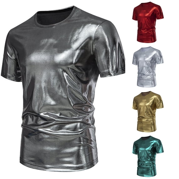 XIAONU Men's Metallic Tees Slim Fit Party Short Sleeve T‑Shirts
