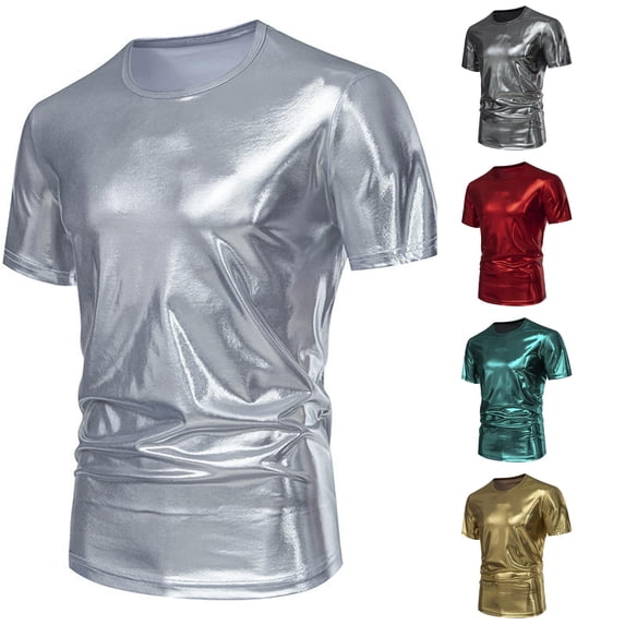 XIAONU Men's Metallic Tees Slim Fit Party Short Sleeve T‑Shirts