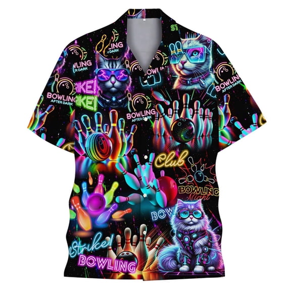 XIAONU Men's Neon Bowling Cat Print Shirt Relaxed Fit Camp Collar Short Sleeve Tee Vibrant Party Wear Shirts