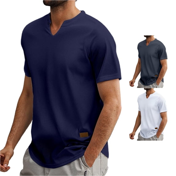 XIAONU Men's Notch V Neck T Shirt Short Sleeve Ribbed Knit Everyday Top