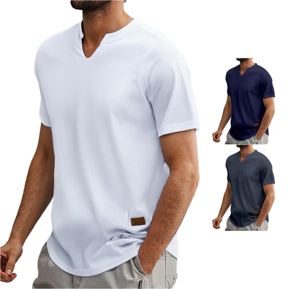 XIAONU Men's Notch V Neck T Shirt Short Sleeve Ribbed Knit Everyday Top