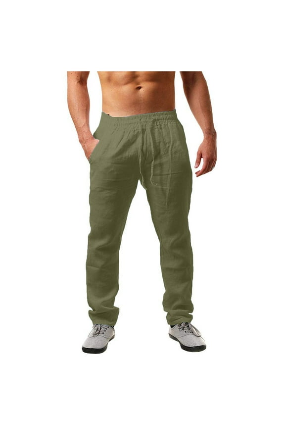 Men's Olive Green Linen Pants Elastic Waist Drawstring Trousers Breathable Casual Daily Wear Pant