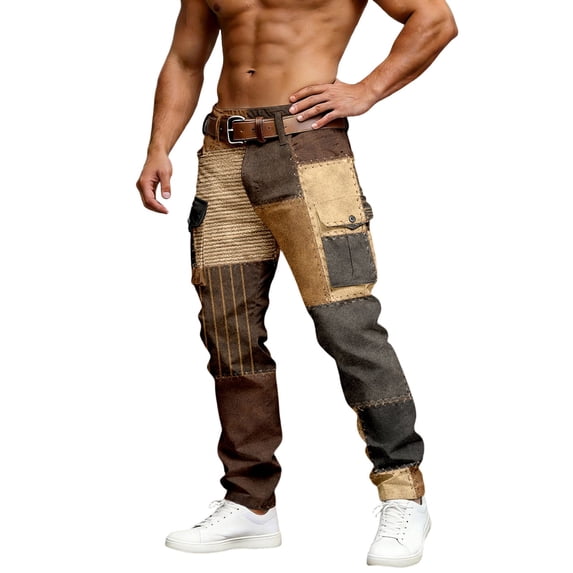 XIAONU Men's Patchwork Distressed Cargo Pants Relaxed Fit Full Length Adjustable Waist Rugged Casual Trousers