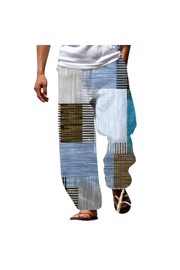 Men's Patchwork Print Wide Leg Casual Pants Elastic Waist Loose Fit Summer Vacation Trousers