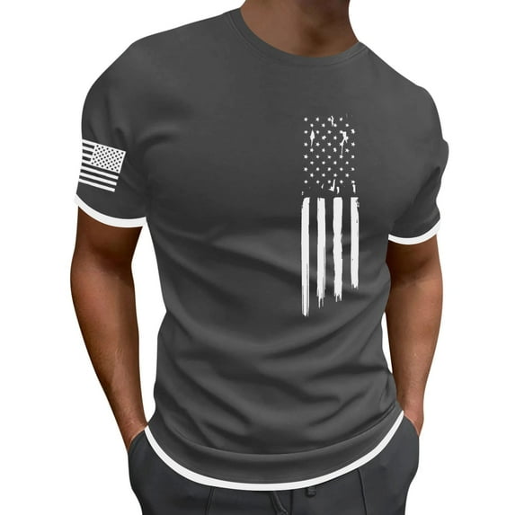 XIAONU Men's Patriotic Flag Print T Shirt Short Sleeve Crew Neck Ringer Trim Tee Breathable Retro Weekend Vacation Shirts