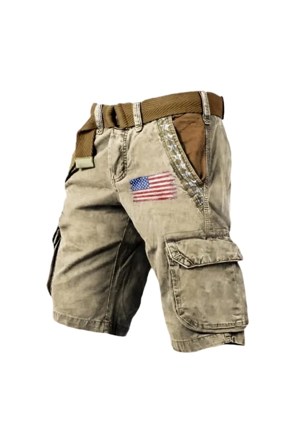 Men's Patriotic Print Cargo Shorts Vintage Washed Rugged Outdoor Utility Shorts