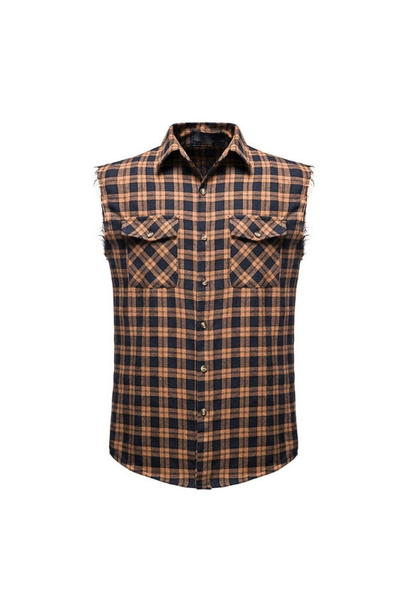 XIAONU Men's Plaid Sleeveless Shirt Button Down Collar Raw Edge Pocket Vest Casual Daily Outdoor Western Style Shirt